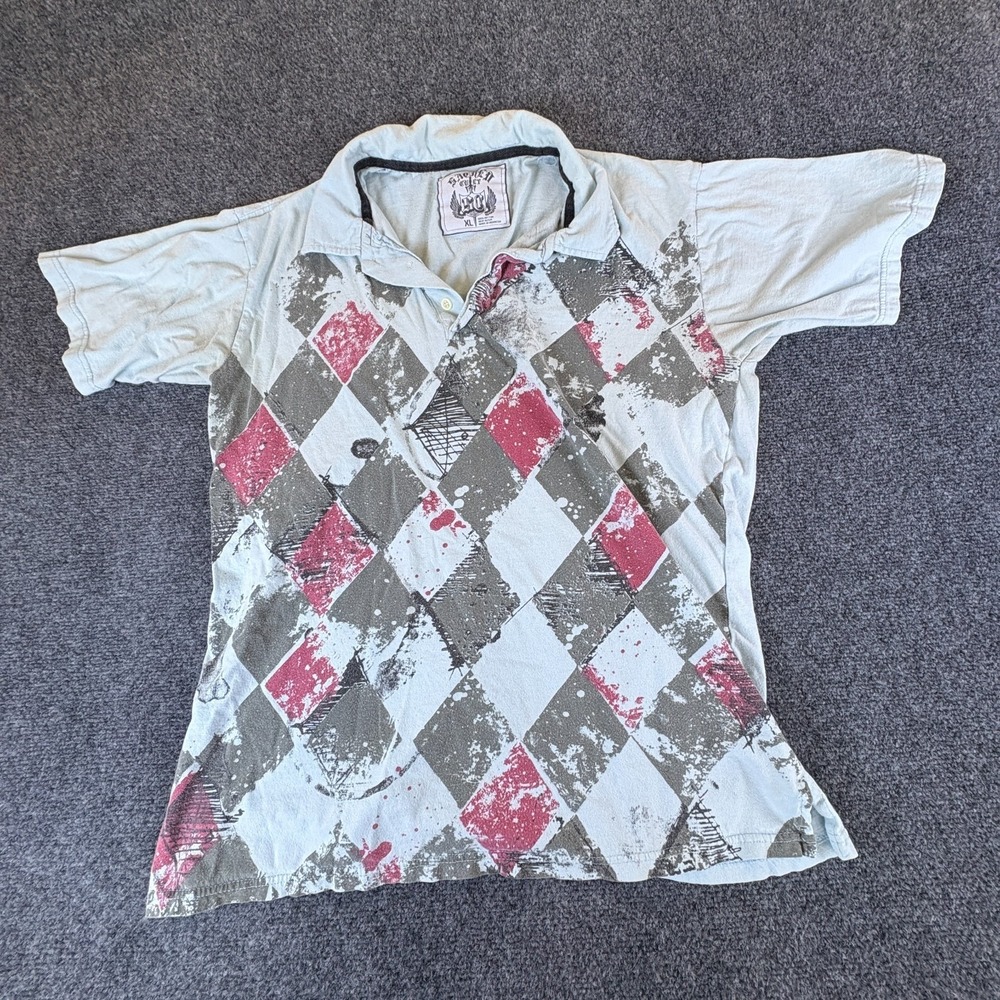Vintage‎ Sacred Cult Polo Shirt Mens XL Pink Argyle Print Cotton Short Sleeve